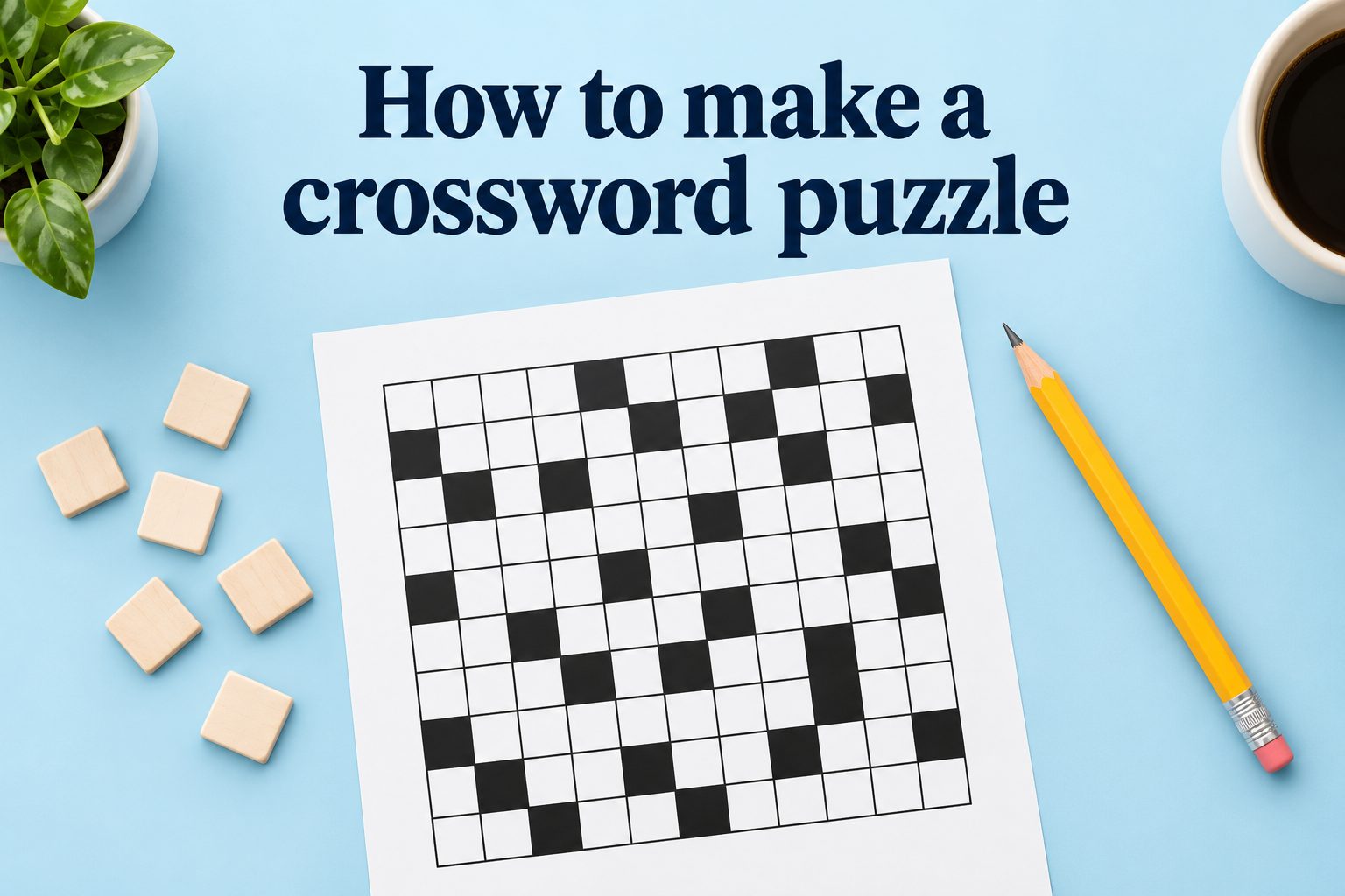 Blank crossword puzzle grid with pencil and clue list