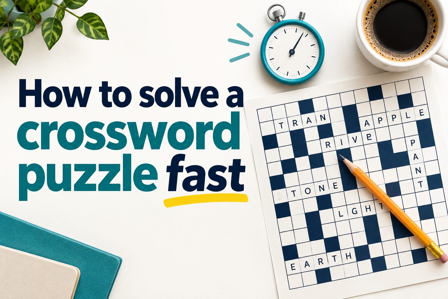 Person quickly solving a crossword puzzle with a pencil and coffee